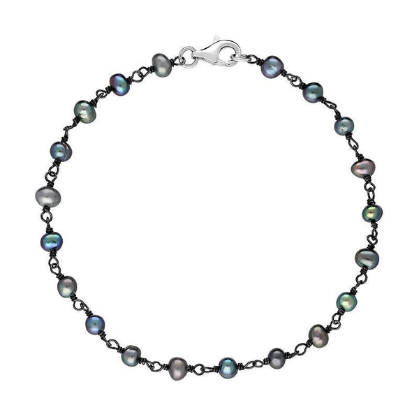 00117740 Sterling Silver Black Pearl Bead Chain Link Bracelet, B945B.