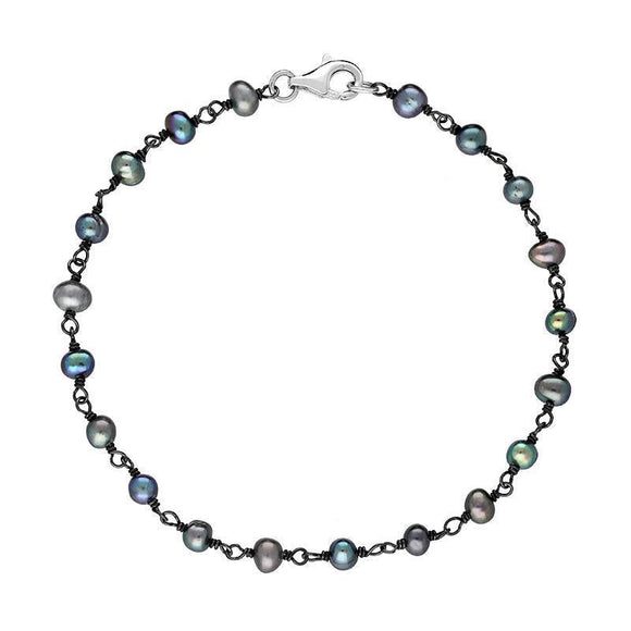 00117740 Sterling Silver Black Pearl Bead Chain Link Bracelet, B945B.