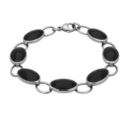 00087714 Sterling Silver Whitby Jet Seven Stone Oval Bracelet, B831. 