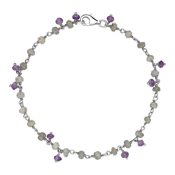 00117752  Sterling Silver Labradorite Amethyst 4mm Bead Chain Link Bracelet, B945.