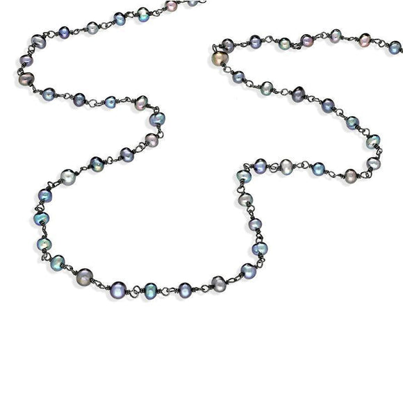 00117739  Sterling Silver Black Pearl Bead Chain Link Necklace, N952_30B.