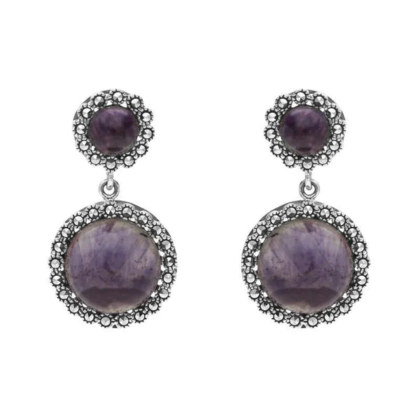 00110890 C W Sellors Sterling Silver Blue John Marcasite Round Double Drop Earrings, E1641.