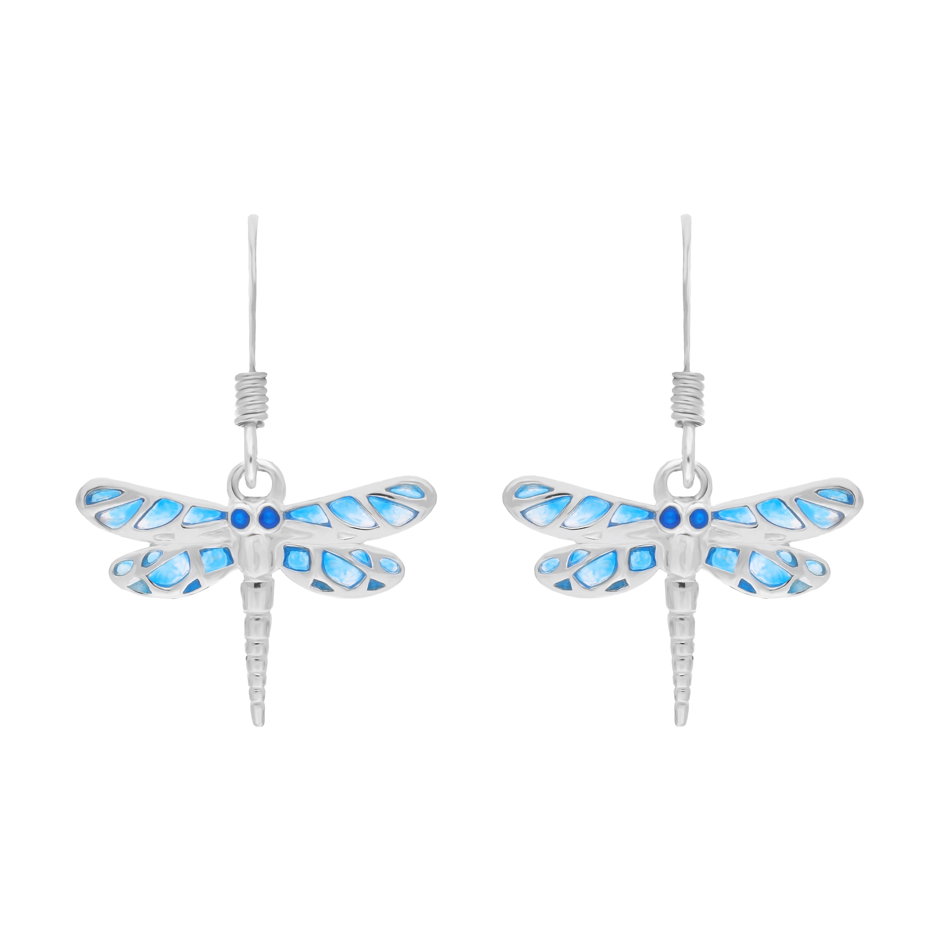 Sterling Silver Blue Enamel Dragonfly Hook Earrings