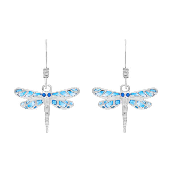 Sterling Silver Blue Enamel Dragonfly Hook Earrings