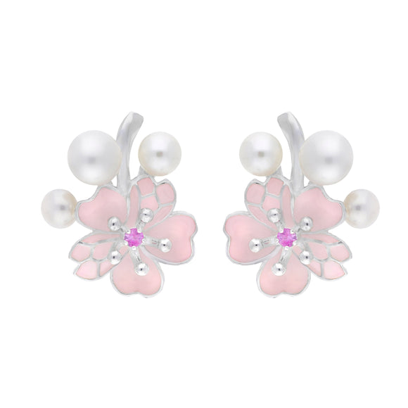 Sterling Silver Pearl and Pink Sapphire Cherry Blossom Stud Earrings