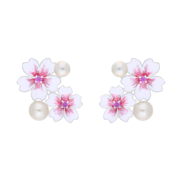 Sterling Silver Pearl & Pink Sapphire Double Cherry Blossom Stud Earrings