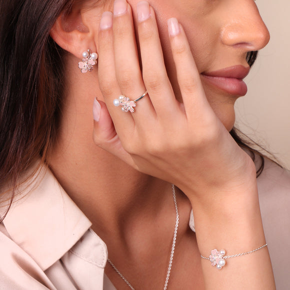 Sterling Silver Pearl & Pink Sapphire Cherry Blossom Flower Bracelet
