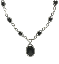 Sterling Silver Whitby Jet Marcasite Thirteen Stone Twist Link Necklace