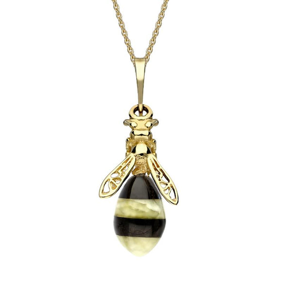 00183659 9ct Yellow Gold Whitby Jet Amber Bee Drop Necklace, P3143.
