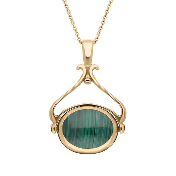 00115851 W Hamond 9ct Rose Gold Whitby Jet Malachite Oval Space Swivel Fob Necklace, P122_11.