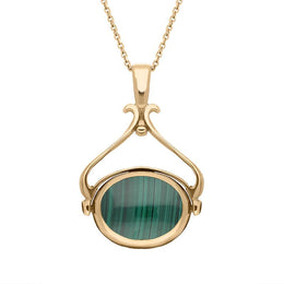 00115851 W Hamond 9ct Rose Gold Whitby Jet Malachite Oval Space Swivel Fob Necklace, P122_11.