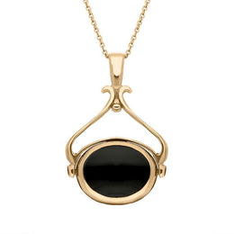 00115851 W Hamond 9ct Rose Gold Whitby Jet Malachite Oval Space Swivel Fob Necklace, P122_11.