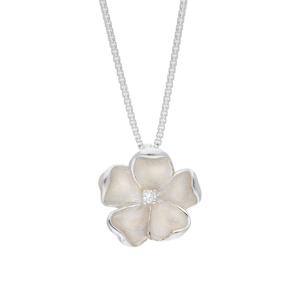 Sterling Silver White Enamel Diamond Flower Pendant