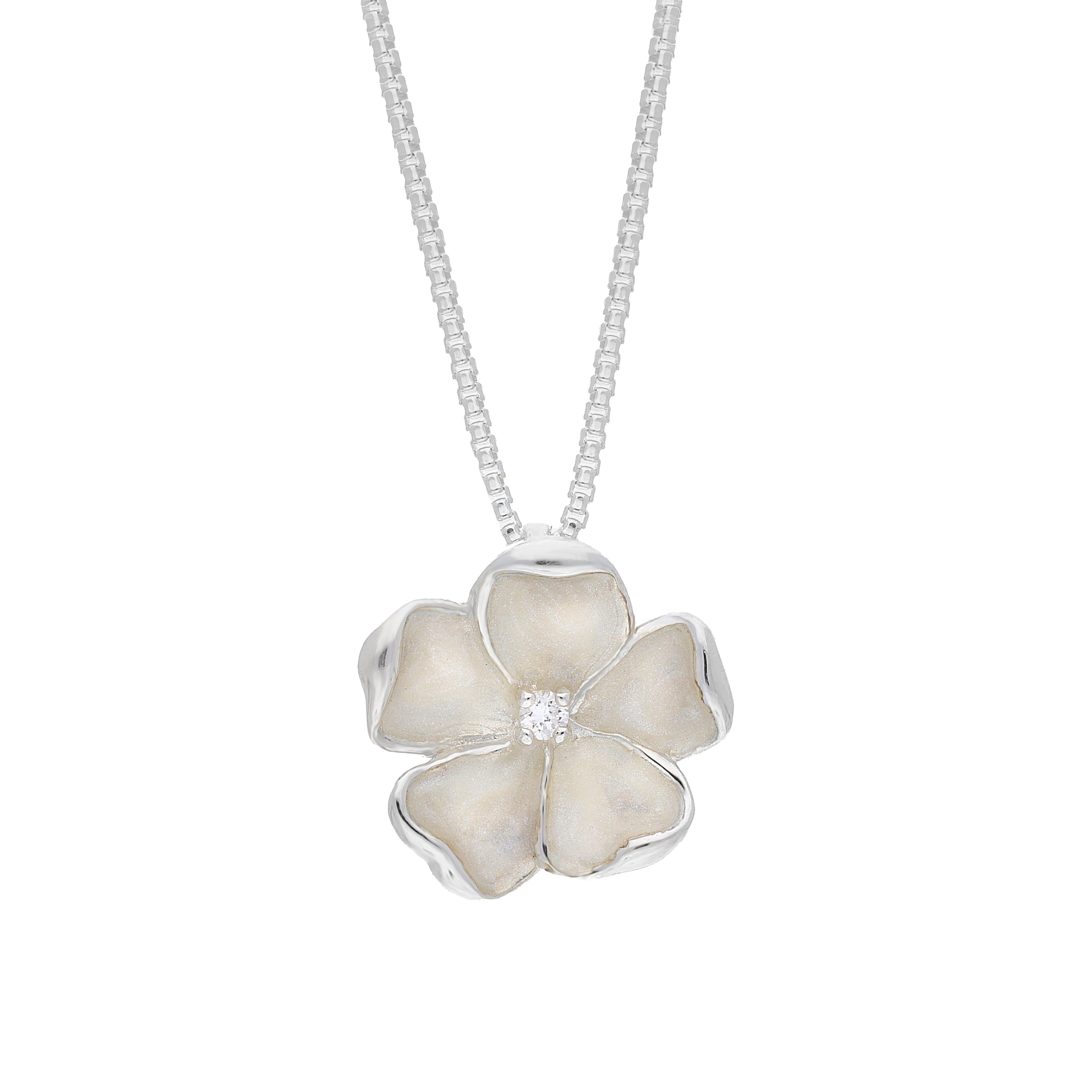 Sterling Silver White Enamel Diamond Flower Pendant