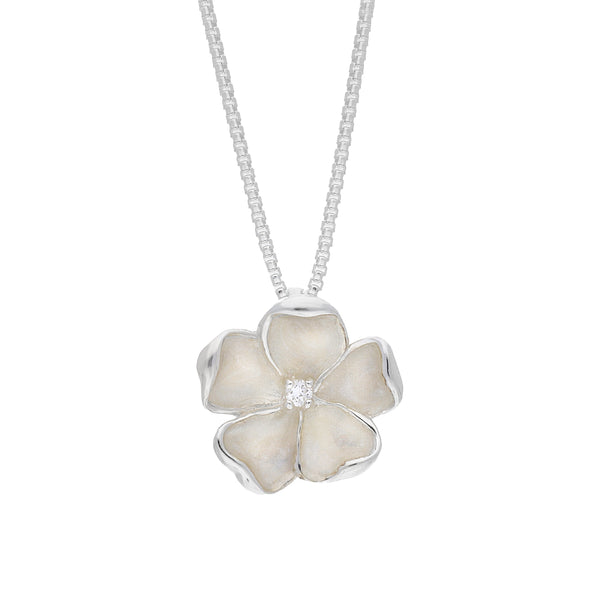 Sterling Silver White Enamel Diamond Flower Pendant