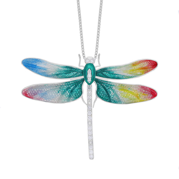 Sterling Silver Multicoloured Enamel Diamond Dragonfly Pendant