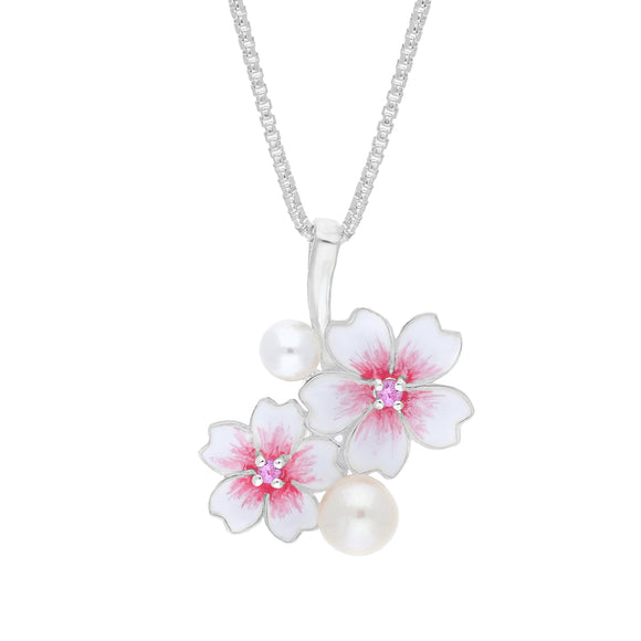 Sterling Silver Pearl & Pink Sapphire Double Cherry Blossom Flower Pendant