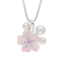 Sterling Silver Pearl and Pink Sapphire Cherry Blossom Flower Pendant
