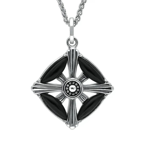 Pendant Whitby Jet And Silver Oxidised 4 Stone Square Cross. P2616.