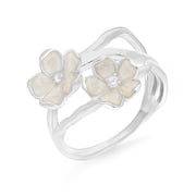 Sterling Silver Enamel Diamond Double Flower Ring