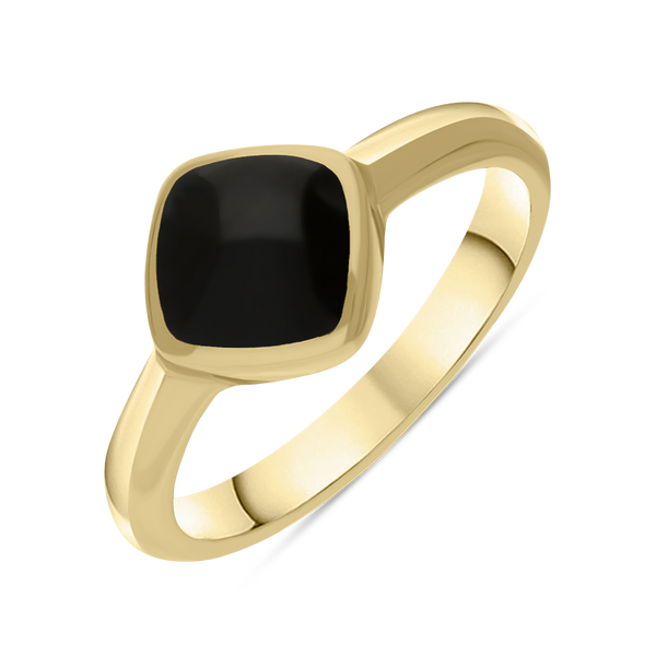 9ct Yellow Gold Whitby Jet Cushion Ring, R406.