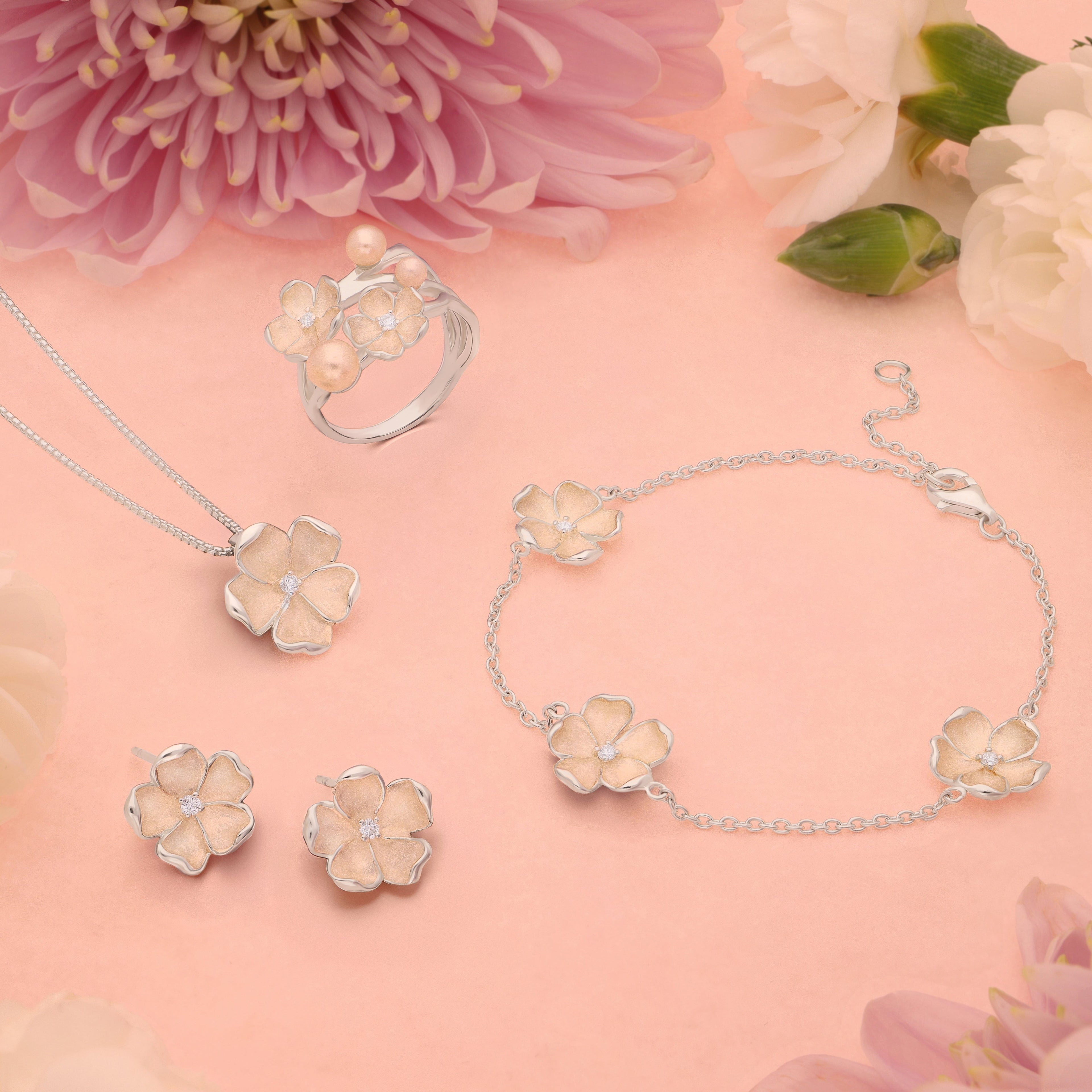 Sterling Silver Pearl Diamond Double Flower Ring