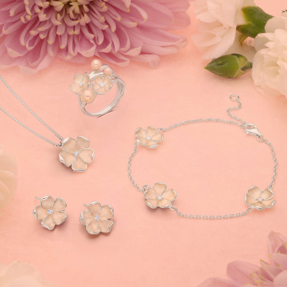 Sterling Silver Pearl Diamond Double Flower Ring