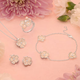 Sterling Silver Pearl Diamond Double Flower Ring