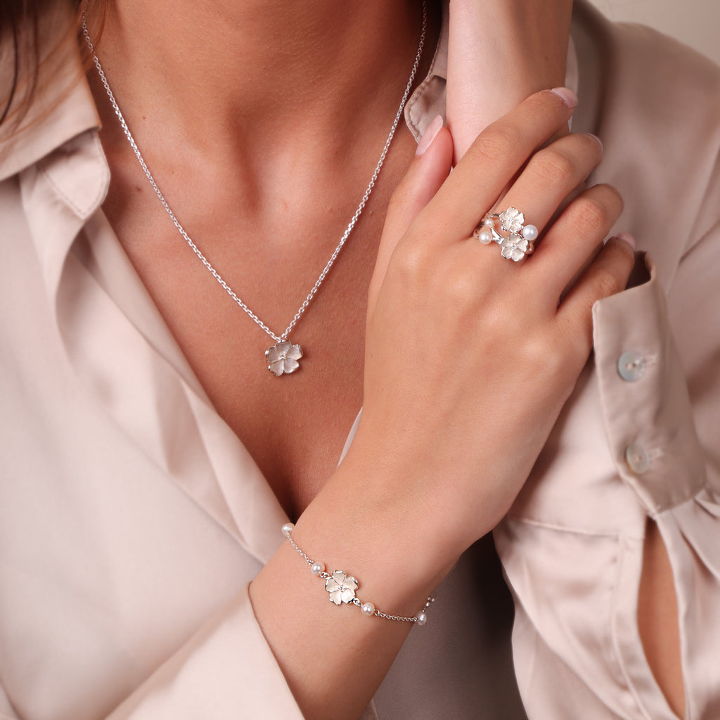 Sterling Silver Pearl Diamond Double Flower Ring