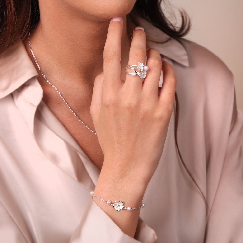 Sterling Silver Pearl Diamond Double Flower Ring