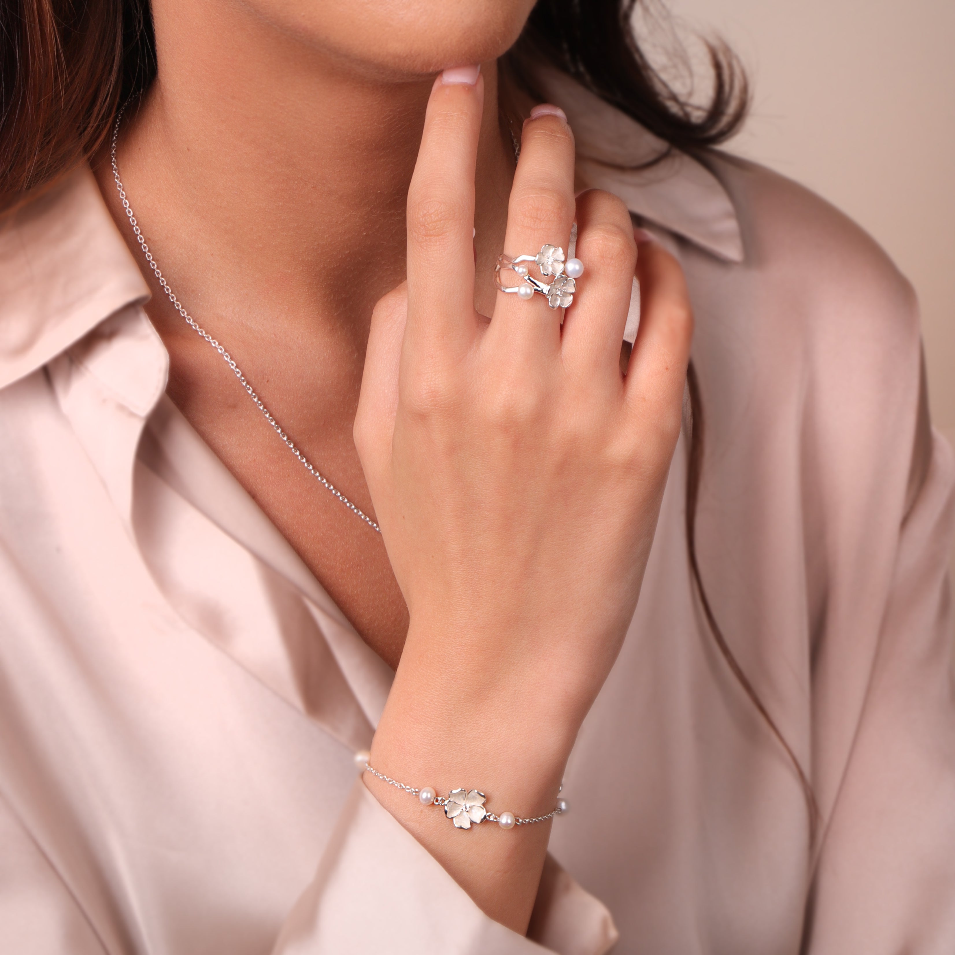 Sterling Silver Pearl Diamond Double Flower Ring