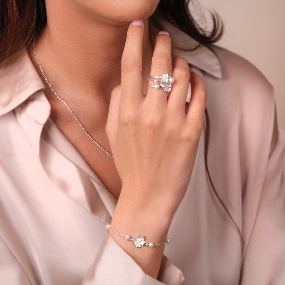 Sterling Silver Pearl Diamond Double Flower Ring