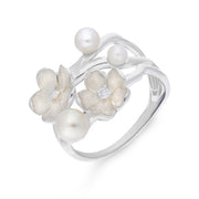 Sterling Silver Pearl Diamond Double Flower Ring