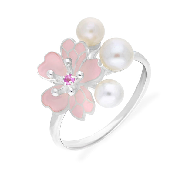Sterling Silver Pearl Pink Sapphire Cherry Blossom Flower Ring