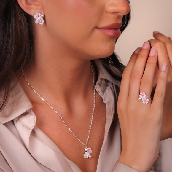 Sterling Silver Pearl Pink Sapphire Double Cherry Blossom Flower Ring