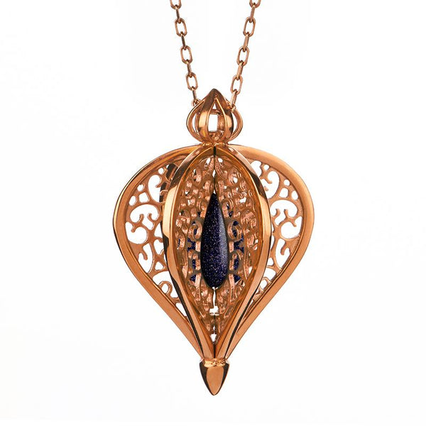 Rose Gold Vermeil Blue Goldstone Flore Filigree Small Necklace P2338C