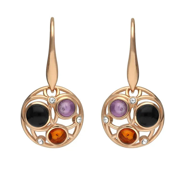 Rose Gold Vermeil Whitby Jet Amethyst Amber Bubble Drop Earrings, E2529.