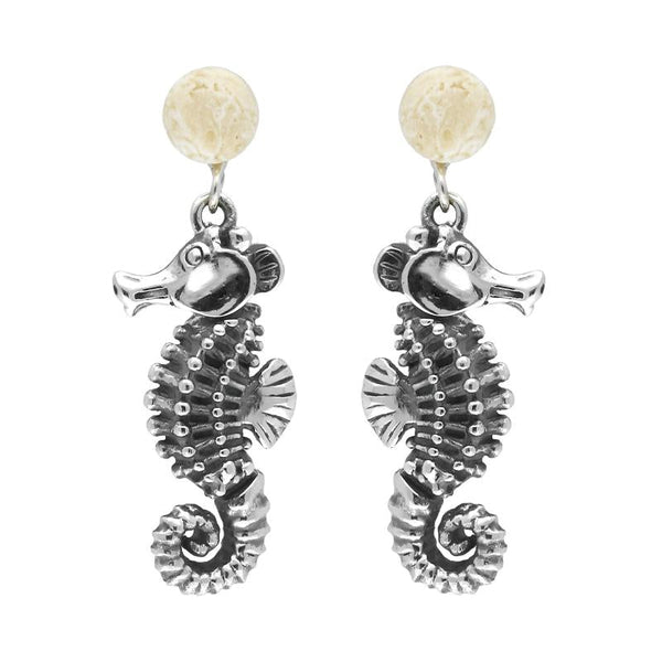Sterling Silver Small Stone Coquina Seahorse Drop Earrings, E1936