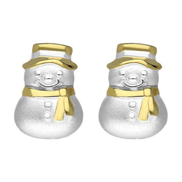 Sterling Silver Yellow Gold Snowman Hat and Scarf Stud Earrings, E2474.