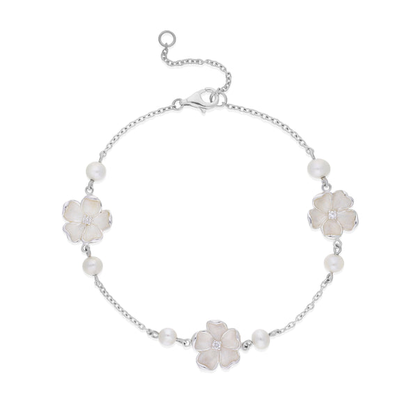 Silver Pearl/ Diamond X 3 Flower Bracelet