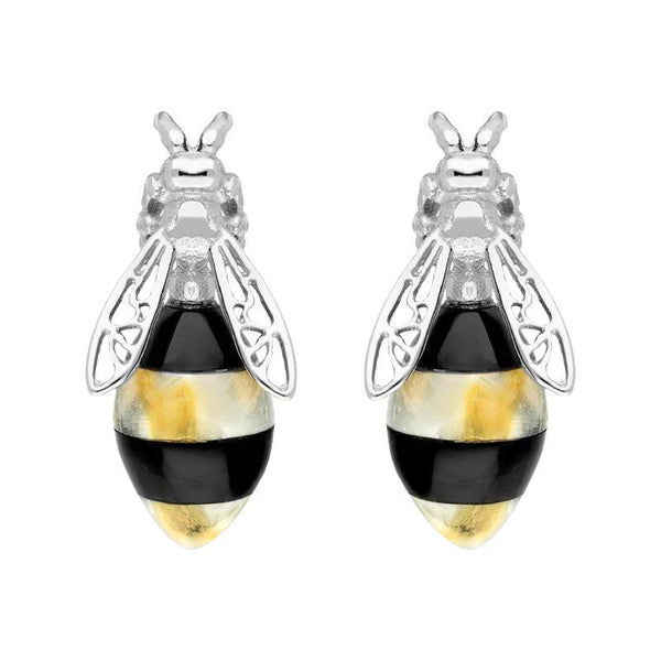  Sterling Silver Whitby Jet Amber Bee Stud Earrings, E2424.