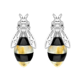  Sterling Silver Whitby Jet Amber Bee Stud Earrings, E2424.