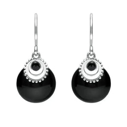 Sterling Silver Whitby Jet Button Cap Drop Earrings E1981