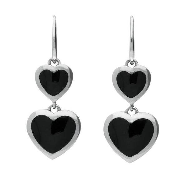 Sterling Silver Whitby Jet Eclipse Graduated Heart Hook Earrings. E2012.