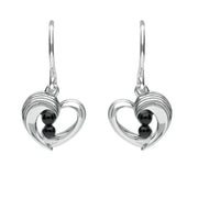 Sterling Silver Whitby Jet Half Ridge Stone Heart Drop Earrings. E1920.