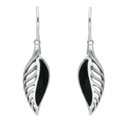 Sterling Silver Whitby Jet Eclipse Leaf Hook Drop Earrings. E2020.