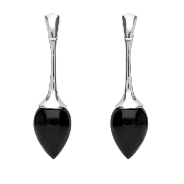 Sterling Silver Whitby Jet Heritage Long Flute Pear Drop Earrings. E1461.