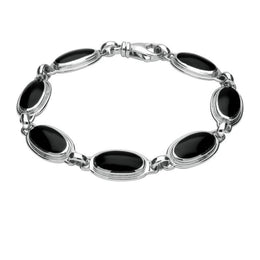 Sterling Silver Whitby Jet Heritage Long Oval Ribbed Bracelet. B229.