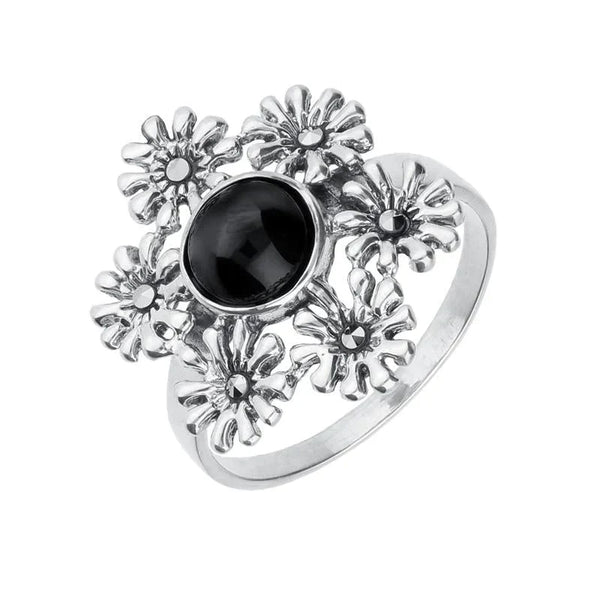 Sterling Silver Whitby Jet Marcasite Vintage 6 Flower Petal Ring. R815.