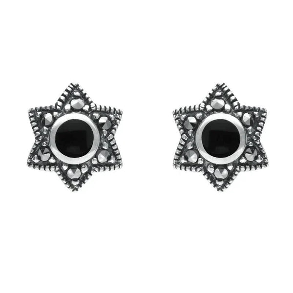 Silver Whitby Jet Marcasite 6 Point Star Stud Earrings E1638